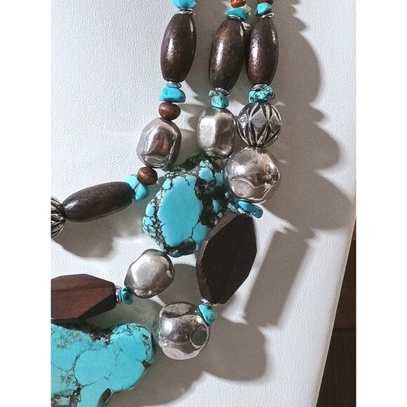 Bocar Southwest Style Faux Turquoise Wood Silver Tone Triple Strand Necklace - Picture 3 of 6